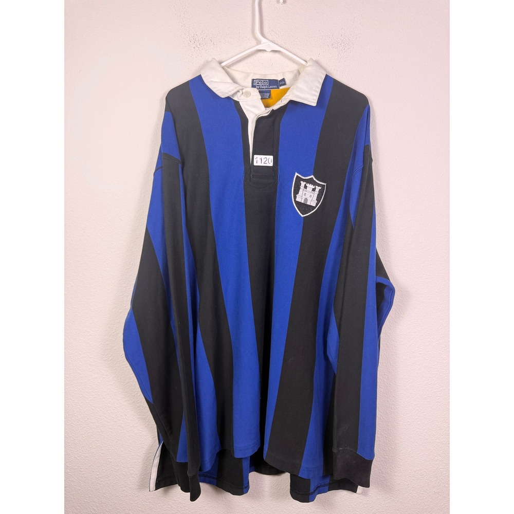Vtg Polo Ralph Lauren Mens XXL Rugby Shirt Blue Black Striped Crest Long Sleeve